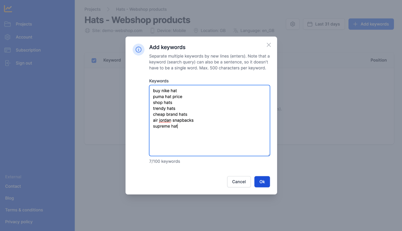 Adding keywords in batch to track the rankings of