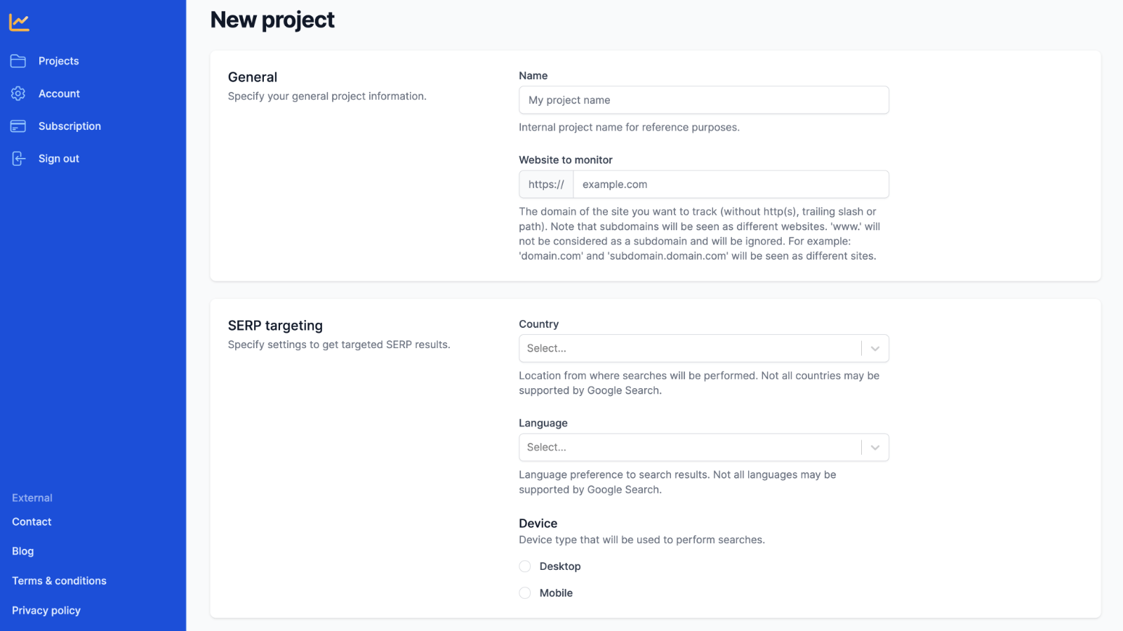 Create new SERP rank checker project with website, device and geolocations