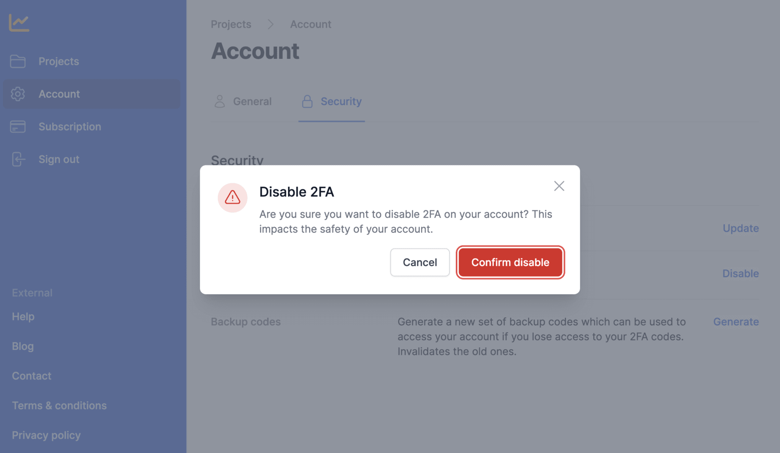 Confirm disable 2FA