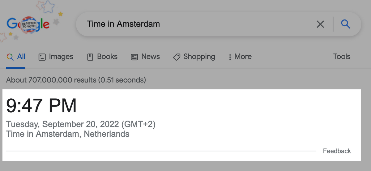 Google SERP OneBox example of time in Amsterdam
